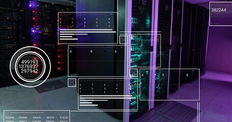 Poster - Image of interface with data processing against computer server room