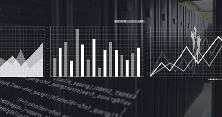 Poster - White charts, graphs and processing data over dark computer server room