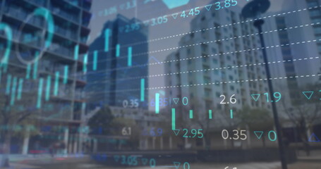 Poster - Image of statistical and stock market data processing against view of tall buildings