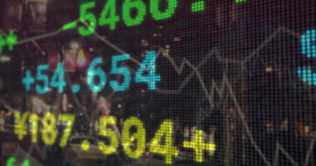 Poster - Image of stock market data processing against view of night city traffic