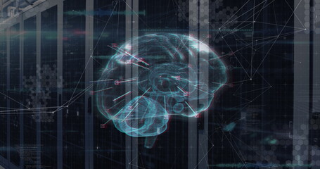 Poster - Image of brain and network of connections over server room