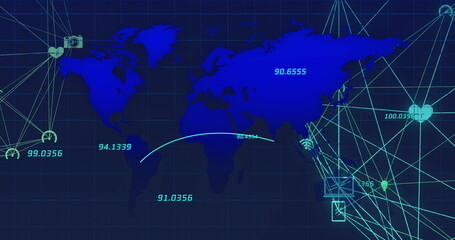 Poster - Image of financial data processing and network of connections over world map on black background