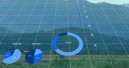 Poster - Image of financial data processing over plane and mountain landscape