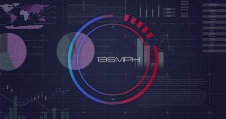 Poster - Image of speedometer over statistical data processing against blue background