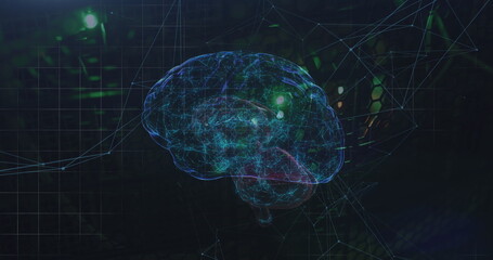 Poster - Image of network of connections and human brain icon spinning against computer server