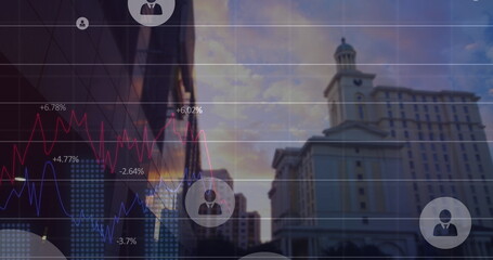 Poster - Image of profile icons and statistical data processing against view of tall building