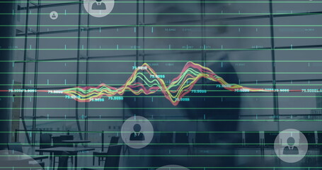 Poster - Image of data processing and profile icons floating over time-lapse of people walking at office