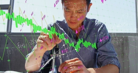Poster - Image of graphs, mathematical equation, asian architect working on blueprint in office