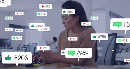Poster - Image of multiple notification bars over asian woman using graphics tablet in office