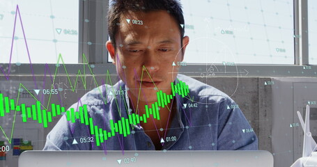 Poster - Image of graphs, mathematical equation, diagrams, asian architect designing blueprint on laptop