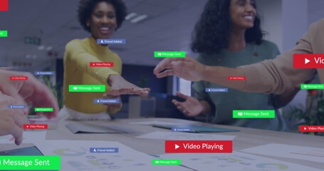 Sticker - Image of notification bars, diverse coworkers talking and putting hands together in office