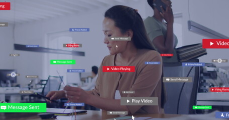 Poster - Image of multiple notification bars over asian woman using graphics tablet in office