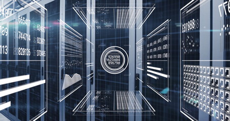 Poster - image of graphs, changing numbers, loading circles and bars over server room