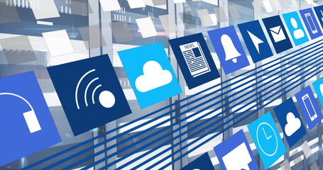 Poster - Image of icon in squares over moving bars on data server racks in server room