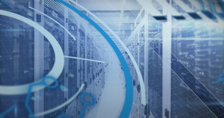 Poster - Image of loading circles and circuit board pattern over data server room