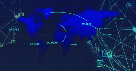 Poster - Image of connections with icons and data processing over world map