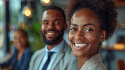 Wall Mural - Successful Business Colleagues Smiling Together in Office - Wide Shot with Depth of Field Emphasizing Genuine Smiles