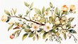 Watercolor branch with flowers and leaves, nature illustration, isolated blooming tree branch clip art 
