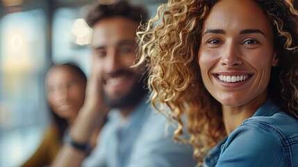 Wall Mural - Collaborative Business Professionals Presenting Analytical Report with Genuine Smiles in Corporate Office - Wide Shot with Depth of Field