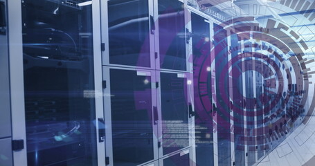 Poster - Image of loading circles and computer language over data server room
