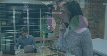 Poster - Image of financial data processing over diverse business people in office