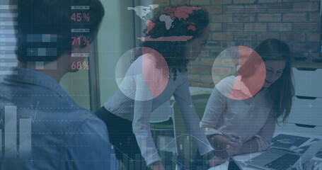 Poster - Image of financial data processing over diverse business people in office