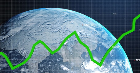 Poster - Image of graph with changing numbers and grid pattern over rotating globe