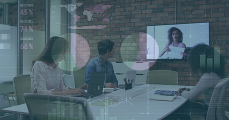 Poster - Image of financial data processing over diverse business people in office