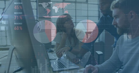 Poster - Image of financial data processing over diverse business people in office