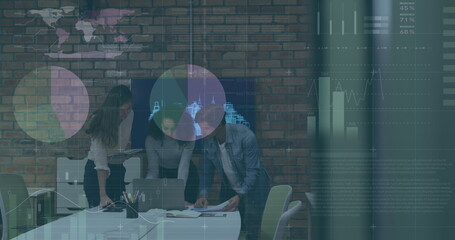 Poster - Image of financial data processing over diverse business people in office