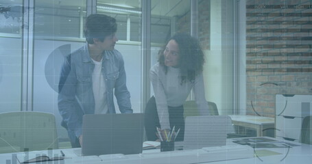 Poster - Image of financial data processing over diverse business people in office
