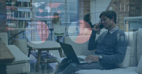 Poster - Image of financial data processing over diverse business people in office