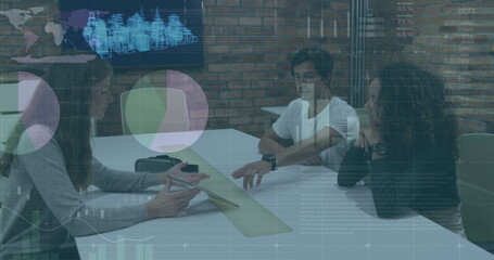 Poster - Image of financial data processing over diverse business people in office