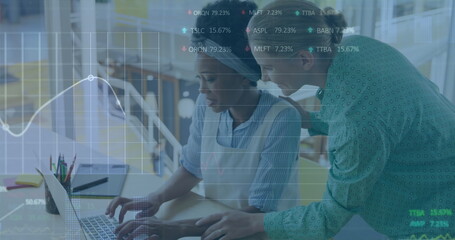 Aufkleber - Image of financial data processing over diverse business people in office