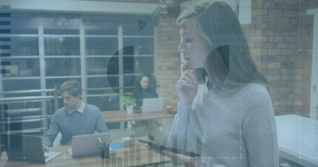 Poster - Image of financial data processing over diverse business people in office