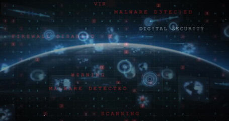 Poster - Image of circles, radars, letters, symbols, numbers, texts over globe against black background