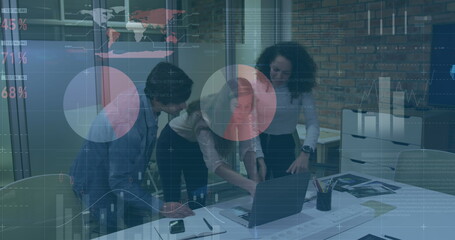 Poster - Image of financial data processing over diverse business people in office