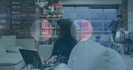 Poster - Image of financial data processing over diverse business people in office