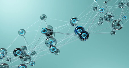 Poster - Image of circles connected with lines and lens flares over blue background