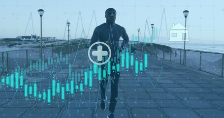 Poster - image of graphs, icons over african american male athlete running on promenade against sky