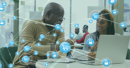 Poster - Image of icons connected with lines over diverse coworkers discussing reports on laptop