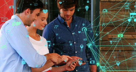 Poster - Image of connected icons globes over diverse coworkers discussing and using smartphone