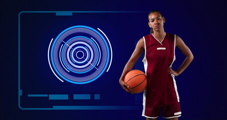 Sticker - Image of scopes scanning and data processing with female basketball player