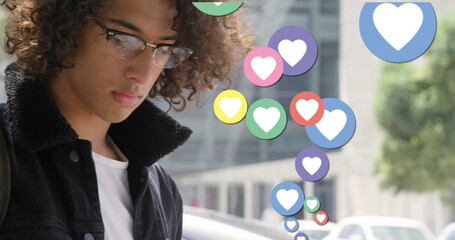 Poster - Image of social media icons over man drinking takeaway coffee