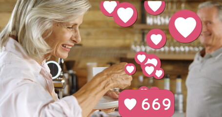 Poster - Image of social media heart icons and numbers over woman drinking coffee