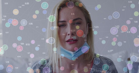 Poster - Image of network of connections with icons over caucasian woman with face mask sneezing