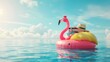 © FACTORY GRAPHICA  - pink flamingo lifebuoy floats on beach on summer time vacation