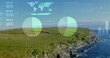 Statistical data processing against aerial view of landscape with grassland, sea and blue sky