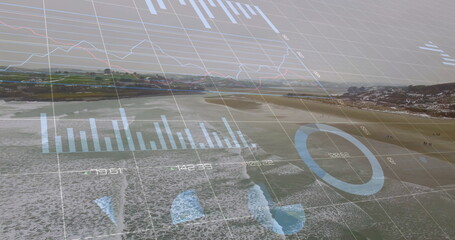 Poster - Image of financial graphs and data over seascape