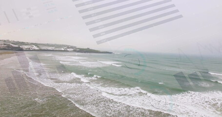 Poster - Image of financial graphs and data over seascape